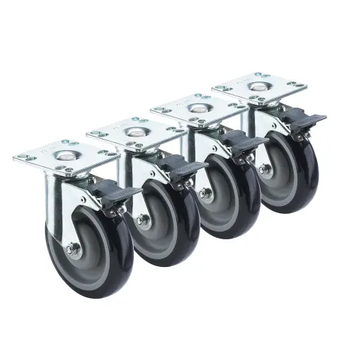Krowne 28260S - Heavy Duty 3-1/2" x 3-1/2" Universal Plate Caster w/ Front Brake - 5" Wheel - Set of 4